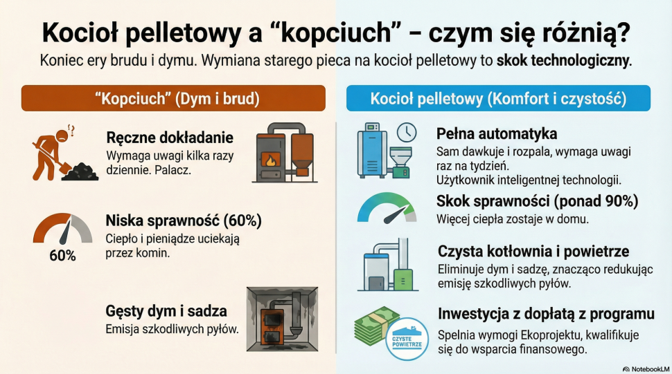 Infografika: Kocioł pelletowy a kopciuch - czym się różnią?