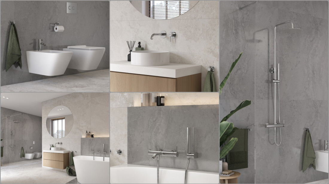 Chromowane baterie w minimalistycznej łazience. Spójna aranżacja z eleganckim akcentem