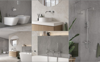 Chromowane baterie w minimalistycznej łazience. Spójna aranżacja z eleganckim akcentem