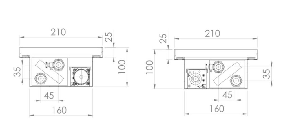 Przekroje - lewy i prawy - przez grzejnik kanałowy REGULUS-system MINIVENT 24 V