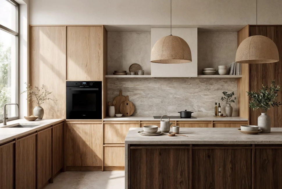 Czarna powierzchnia frontowa piekarnika wyposażona w manualny system sterowania dobrze komponuje się z różnorodnymi materiałami wykończeniowymi