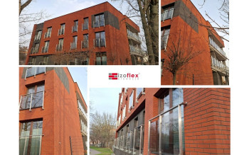 Czerwień i czerń na elewacji. Zastosowanie elastycznych płytek Izoflex Toledo oraz Grenada