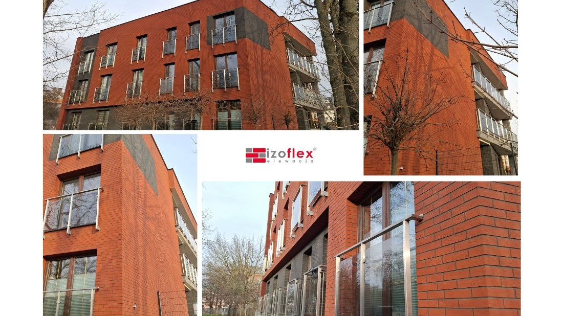 Czerwień i czerń na elewacji. Zastosowanie elastycznych płytek Izoflex Toledo oraz Grenada