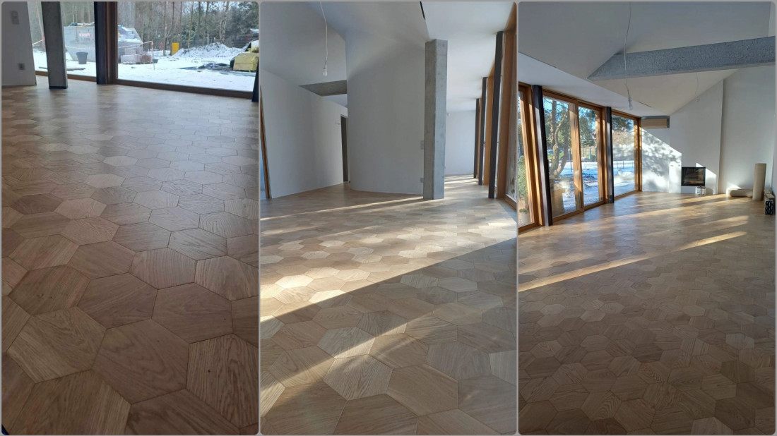 Podłoga Hexagon z drewna. Dąb naturalny i dąb wędzony do nowoczesnych wnętrz premium