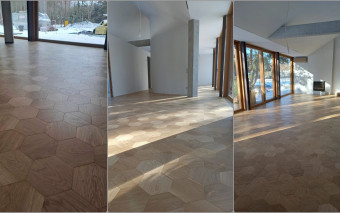 Podłoga Hexagon z drewna. Dąb naturalny i dąb wędzony do nowoczesnych wnętrz premium