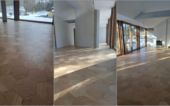 Podłoga Hexagon z drewna. Dąb naturalny i dąb wędzony do nowoczesnych wnętrz premium