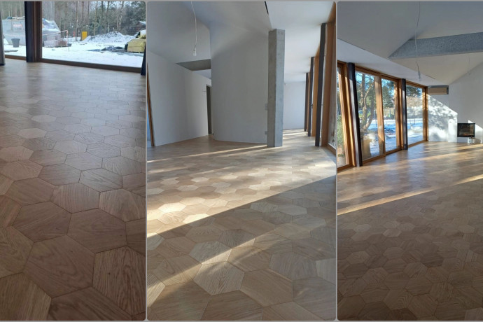 Podłoga Hexagon z drewna. Dąb naturalny i dąb wędzony do nowoczesnych wnętrz premium