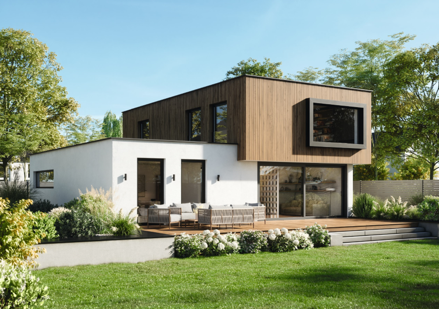 Dom jednorodzinny z dużymi oknami i drzwiami w systemach SchÜco z PVC-U