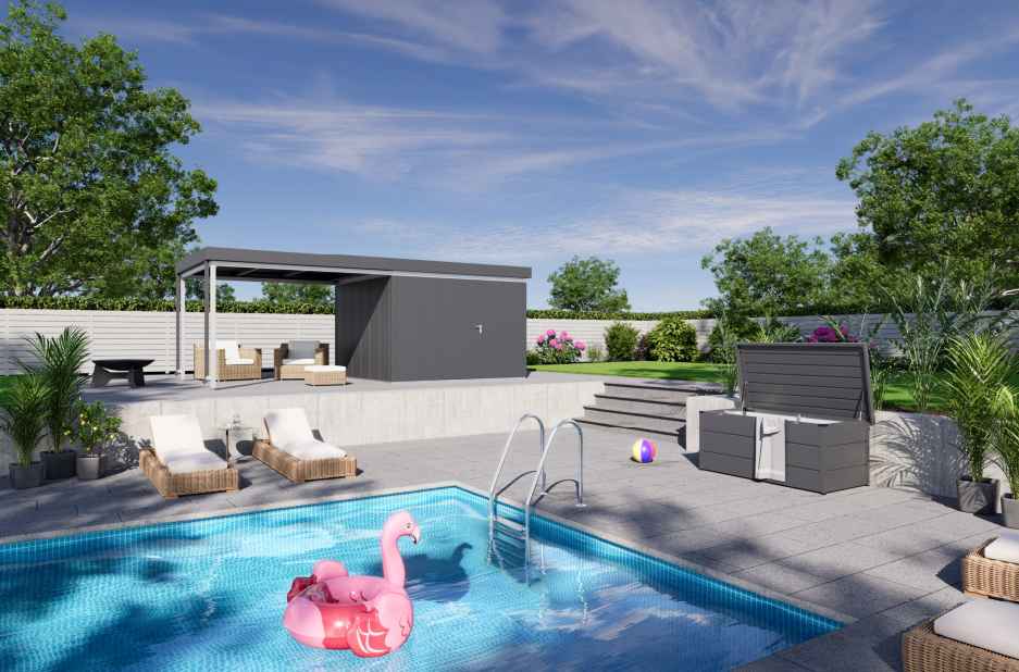 Domki JUNO z płaskim dachem można wyposażyć w zadaszenie boczne. Tworzy ono osłoniętą przestrzeń, która ochroni użytkowników przed słońcem lub deszczem