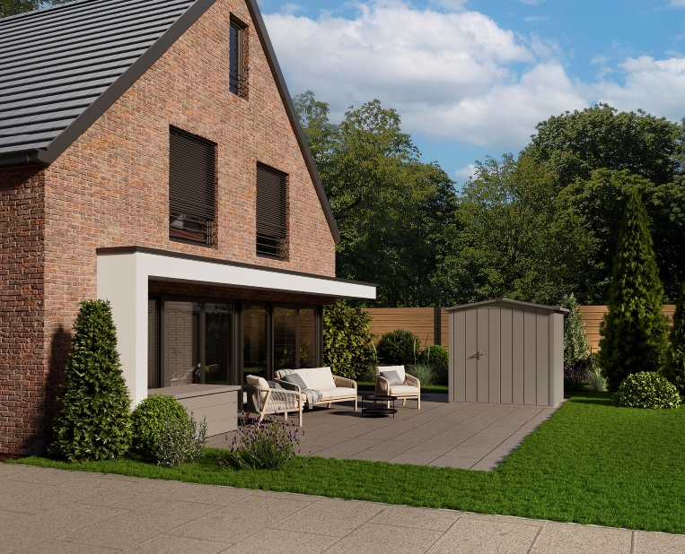Domek ogrodowy JUNO z dachem dwuspadowym w wersji Modern. Klasyczny wygląd uzyskuje dzięki wąskim segmentom ścian 