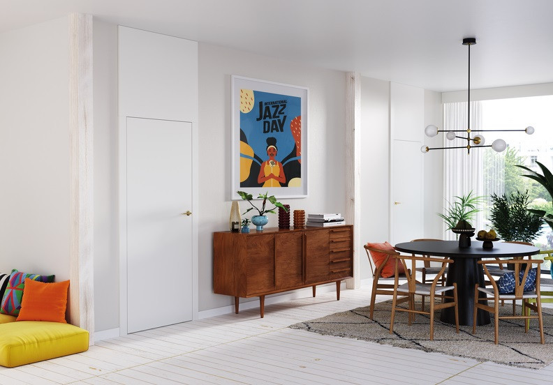 Drzwi model T z kolekcji PORTA VECTOR Premium - minimalistyczne skrzydła pokryte Lakierem Premium lub Farbą Akrylową UV, o bardzo wysokiej odporności na zabrudzenia, ścieranie, zarysowania oraz uderzenia. 