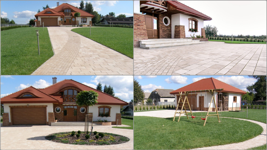 Inspiracja Chyżbet na dużej działce. Pastelowe nawierzchnie, które porządkują przestrzeń wokół domu