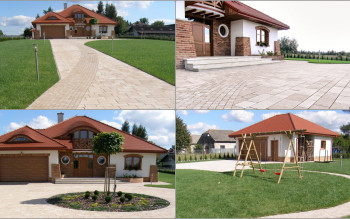 Inspiracja Chyżbet na dużej działce. Pastelowe nawierzchnie, które porządkują przestrzeń wokół domu