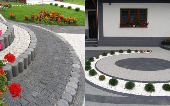 Granitowa mozaika i czarna palisada przy domu regionalnym