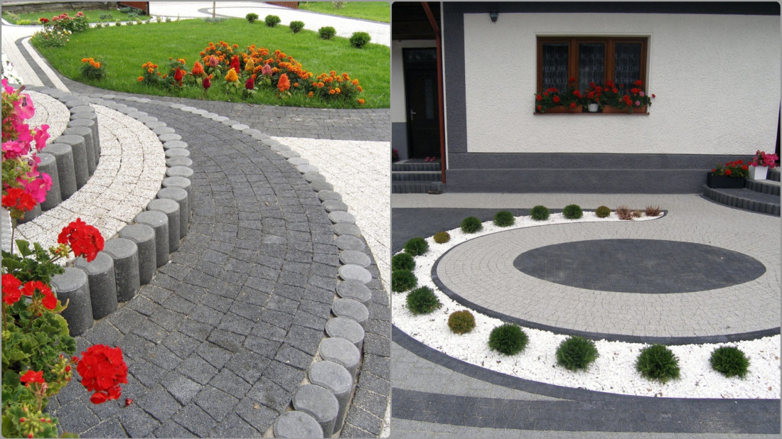 Granitowa mozaika i czarna palisada przy domu regionalnym