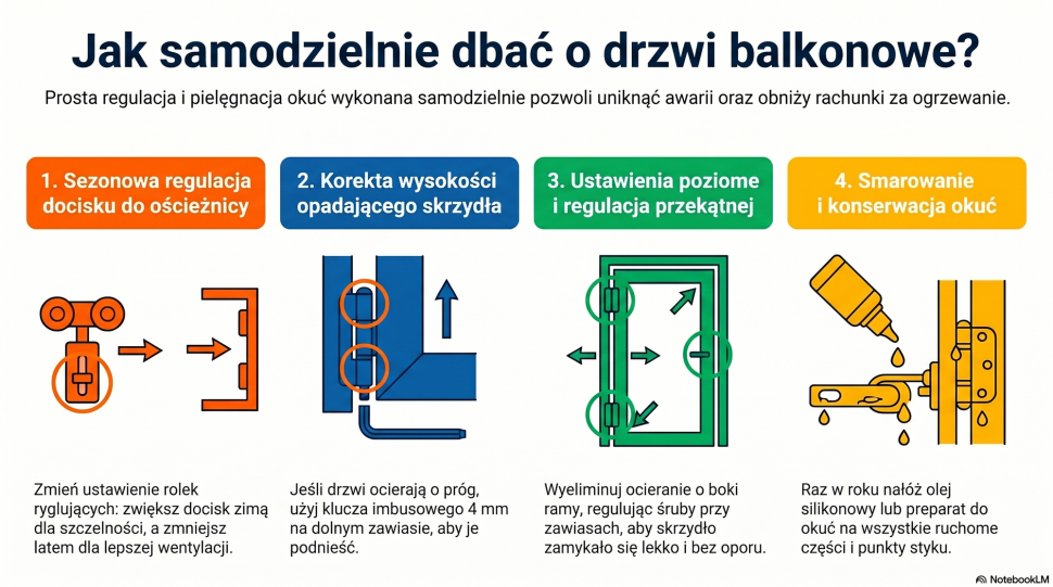 Infografika: Jak samodzielnie dbać o drzwi balkonowe? 4 proste sposoby na regulację okna balkonowego