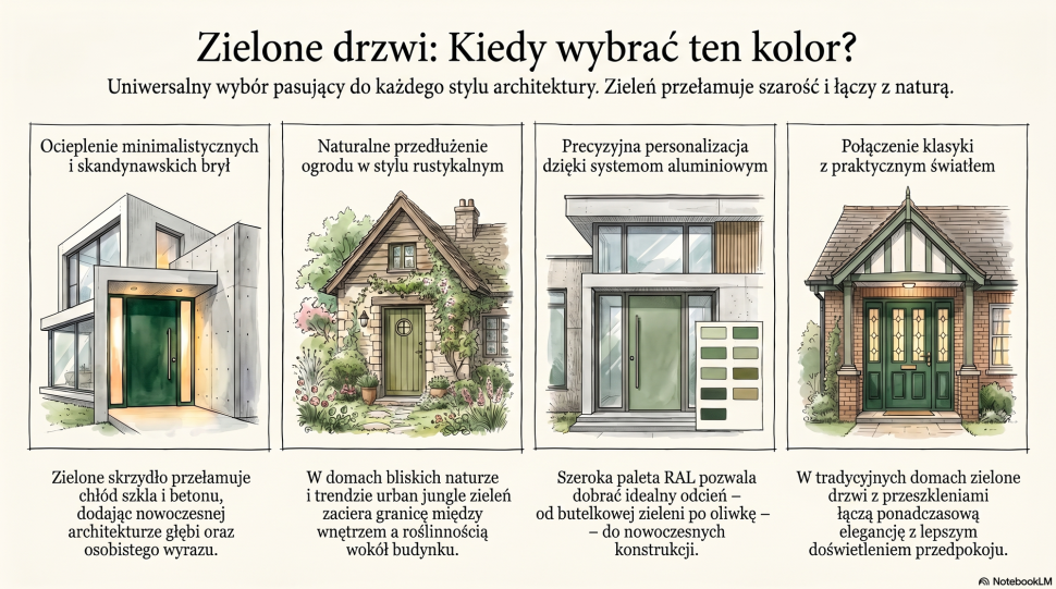 Infografika: Kiedy wybrać zielone drzwi zewnętrzne? 4 przykłady, w których zielone drzwi zewnętrzne pasują do stylu budynku
