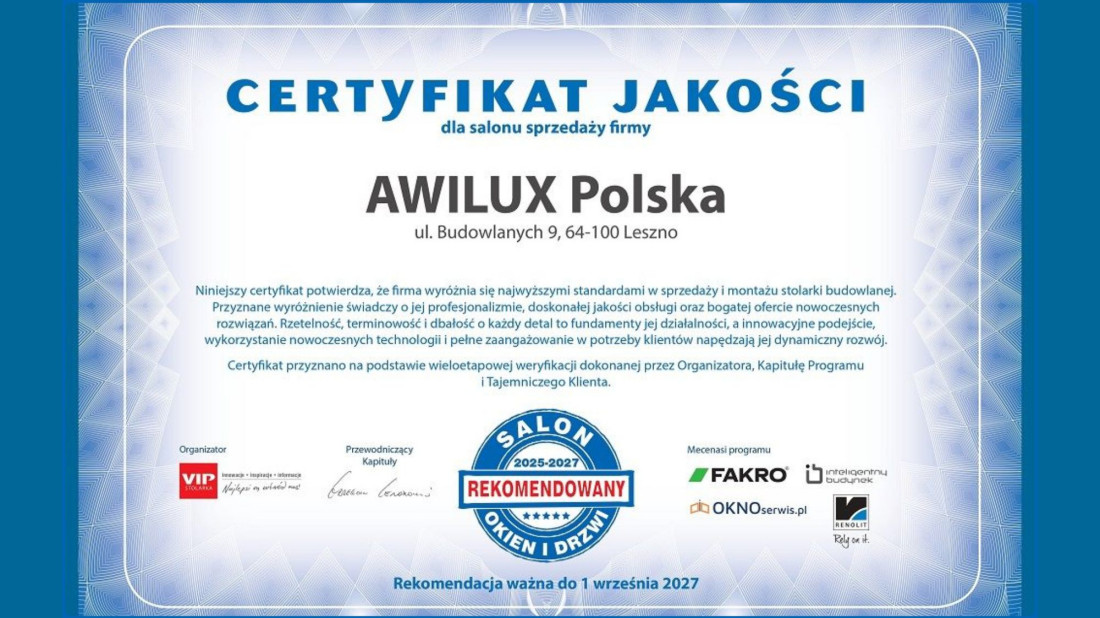 Salon Awilux z tytułem Rekomendowany Salon Stolarki 2025–2027