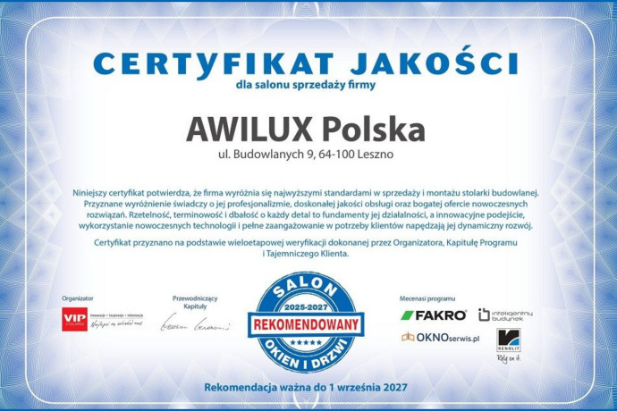 Salon Awilux z tytułem Rekomendowany Salon Stolarki 2025–2027