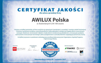 Salon Awilux z tytułem Rekomendowany Salon Stolarki 2025–2027