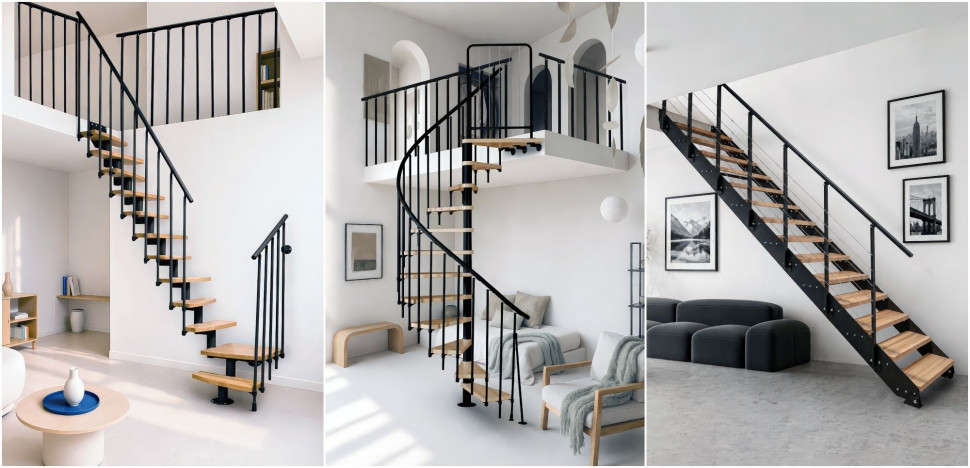 Schody modułowe (na zdjęciu schody ATRIUM Mini Plus Milano), schody kręcone (na zdjęciu schody ATRIUM Novo) i schody proste (na zdjęciu schody ATRIUM Prosto Loft)