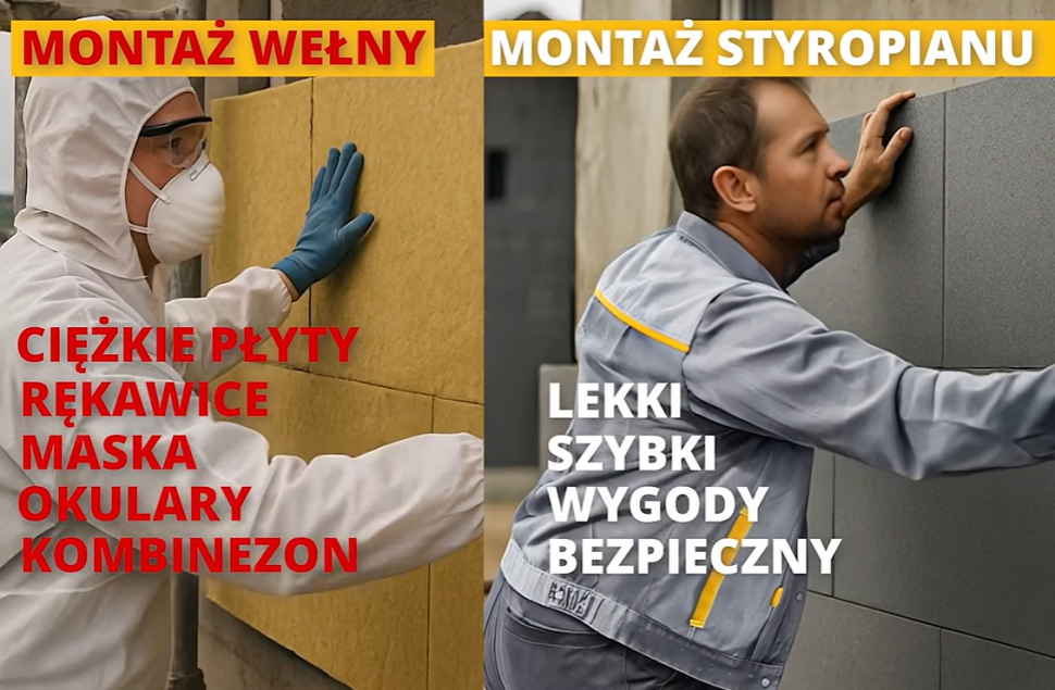 Fot. PSPS: Instalacja wełny (po lewej) i styropianu (po prawej)