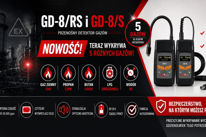 Przenośne detektory GD-8/RS i GD-8/S teraz z pomiarem 5 gazów jednocześnie