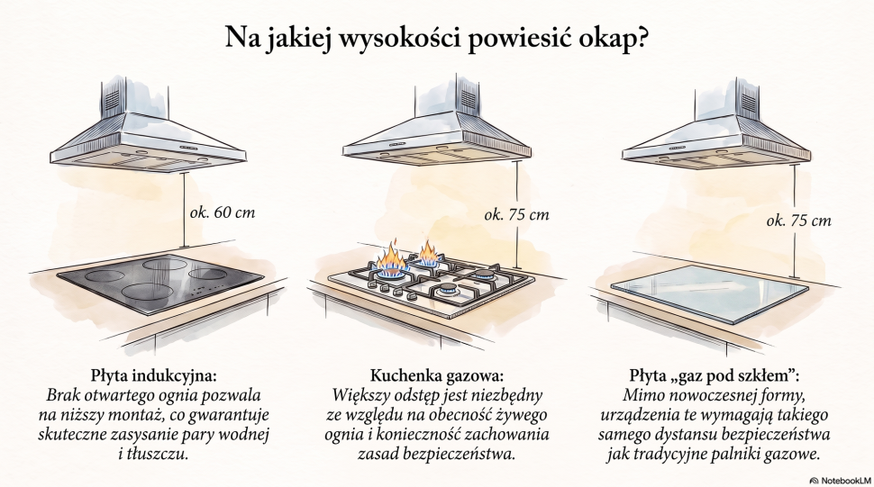 Infografika: Wysokość okapu nad płytą indukcyjną i gazową