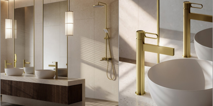 Szczotkowane złoto w nowoczesnej łazience. Kolekcja ZAFFIRO BRUSHED GOLD od FDESIGN