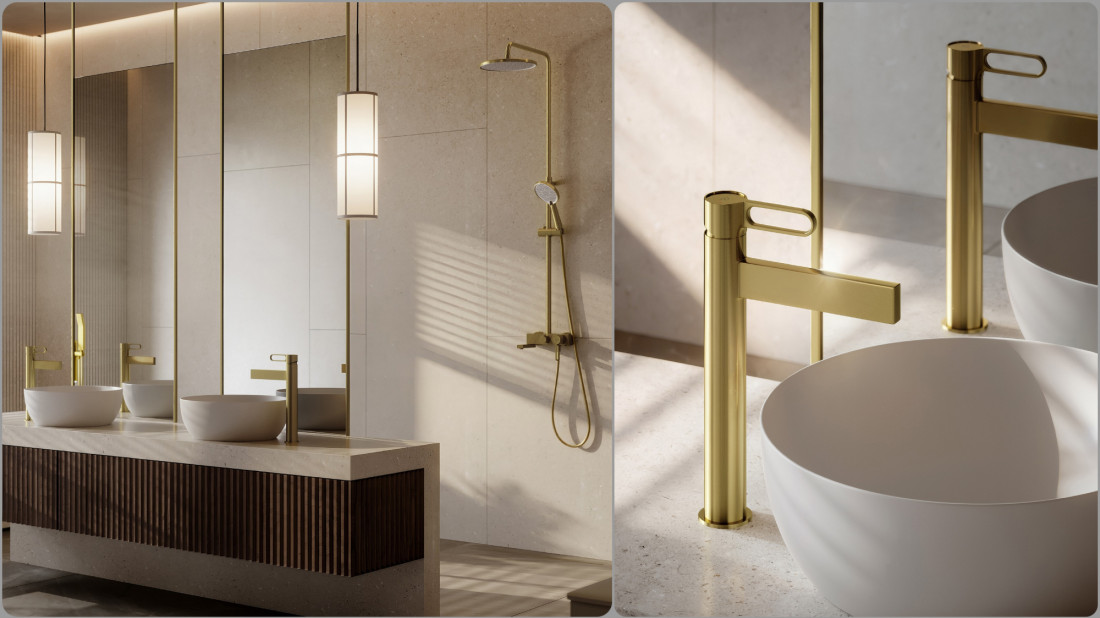 Szczotkowane złoto w nowoczesnej łazience. Kolekcja ZAFFIRO BRUSHED GOLD od FDESIGN