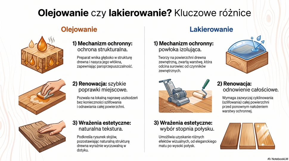 Infografika: Olejowanie czy lakierowanie drewna? Kluczowe różnice