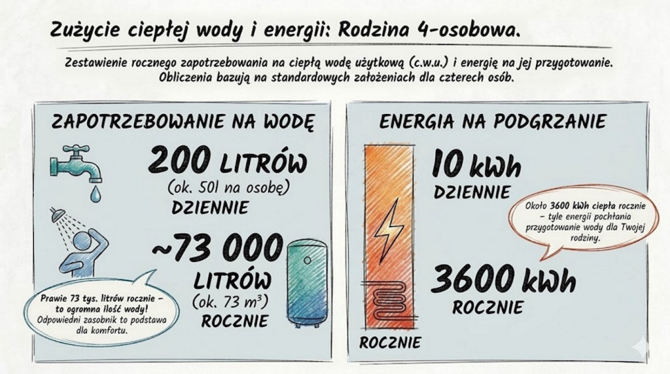 Rysunek: zużycie ciepłe wody w domu i energii potrzebnej do je przygotowania