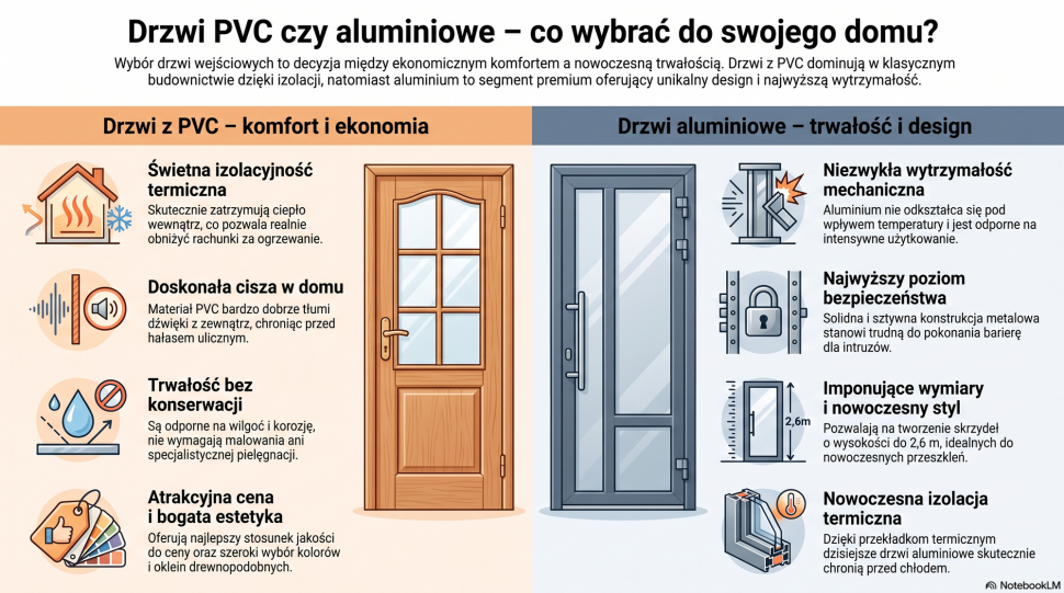 Infografika: Drzwi wejściowe z aluminium czy PVC - które wybrać?
