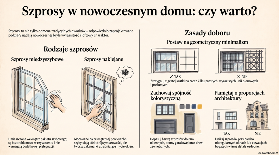 Infografika: rodzaje szprosów okiennych i zasady doboru