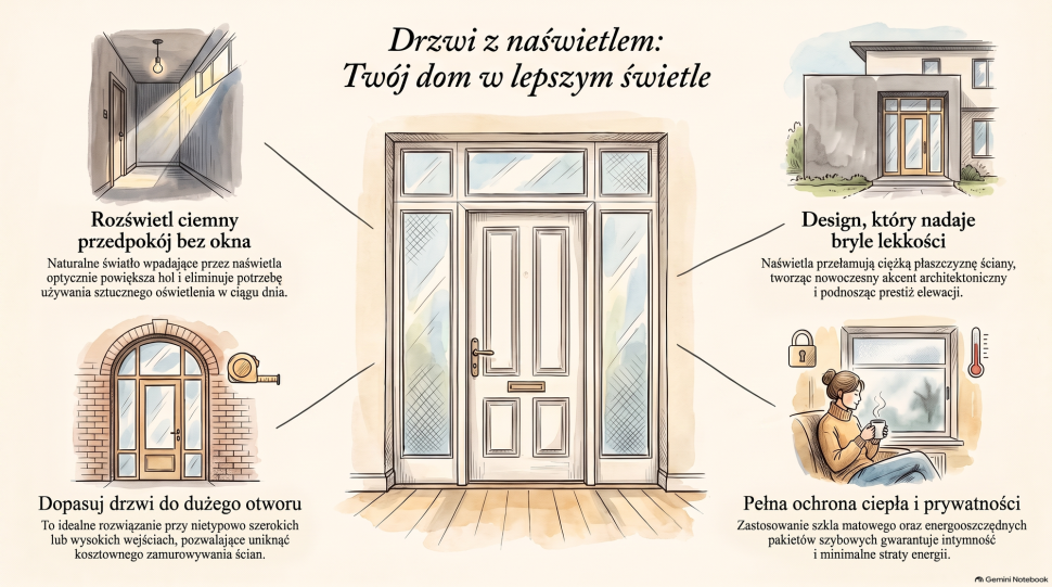 Infografika: Zalety drzwi zewnętrznych z naświetlem