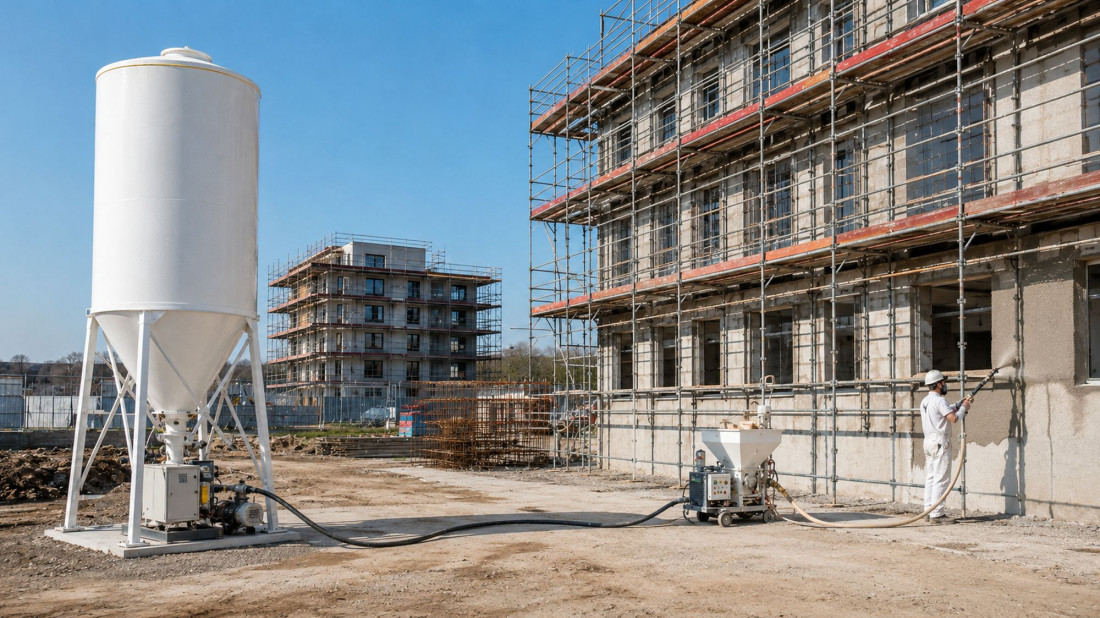 Silos zamiast tysięcy worków. Jak działa system silosowy przy tynkowaniu dużych inwestycji?