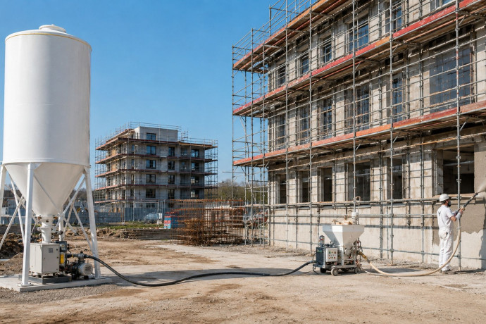 Silos zamiast tysięcy worków. Jak działa system silosowy przy tynkowaniu dużych inwestycji?