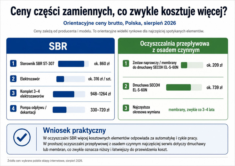 Ceny części zamiennych SBR i przepływowej oczyszczalni z osadem czynnym, porównanie 2026