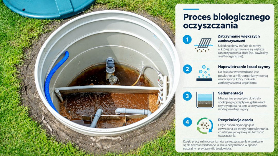 Wnętrze oczyszczalni VH Premium i etapy biologicznego oczyszczania ścieków