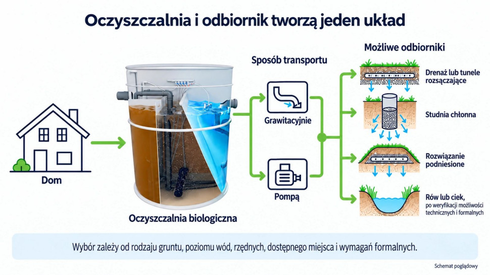 Schemat oczyszczalni biologicznej i sposobów odprowadzania oczyszczonych ścieków.