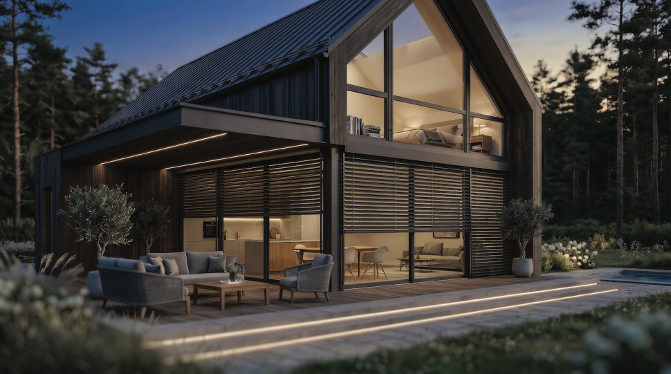 Żaluzja fasadowa pozwala regulować kąt ustawienia lameli – można odbijać promienie słoneczne, a jednocześnie zachować widok na ogród. To jedno z najbardziej elastycznych rozwiązań do strefy dziennej, ale wymaga  miejsca na pakiet lameli, prowadnic i odpo- wiednio zaprojektowanej wnęki. Przy dużych  przeszkleniach rozsądne jest zastosowanie automatyki pogodowej i czujnika wiatru.