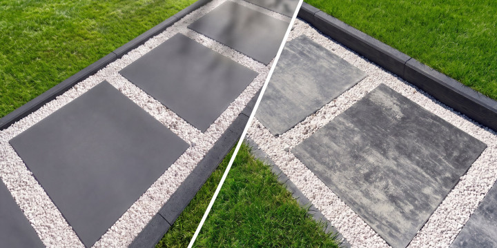Wielki format wokół domu. Płyty betonowe 90x90 cm na tarasach i ścieżkach ogrodowych