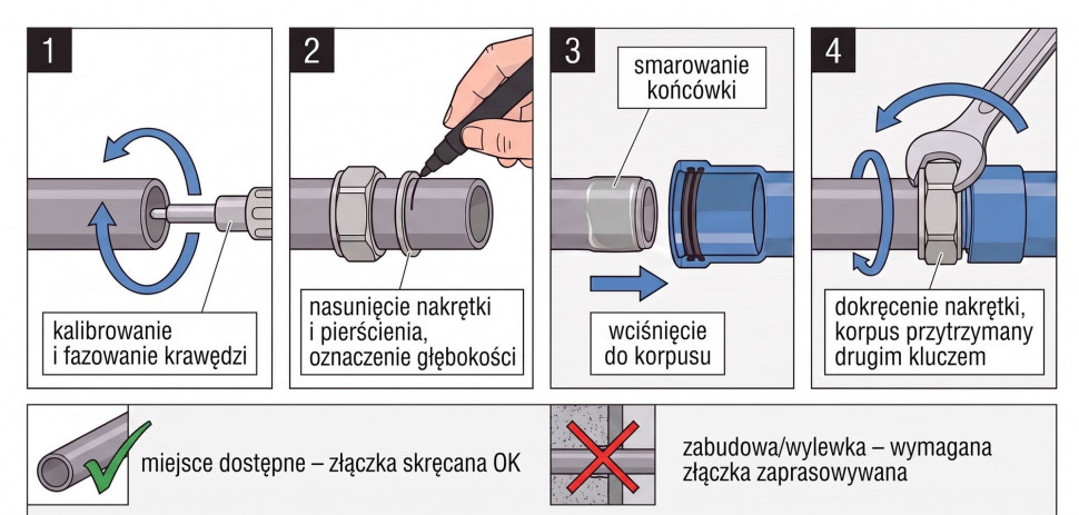 Etapy montażu złączki skręcanej na rurze PEX-AL-PE