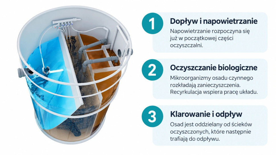 Przekrój oczyszczalni VH Premium i trzy etapy działania: dopływ i napowietrzanie, oczyszczanie biologiczne oraz klarowanie i odpływ.