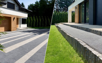 Nowoczesna posesja z kostką Arto płukaną i minipalisadą Cios Skalny od Chyżbet