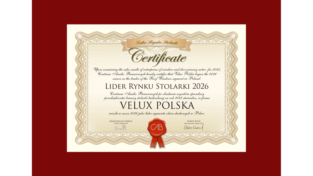 VELUX Polska Liderem Rynku Stolarki 2026. Wieloletnia pozycja lidera potwierdzona wynikami branżowymi