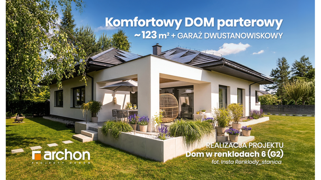 Nowoczesna parterówka 123 m² z salonem, 3 sypialniami oraz dużym garażem - realizacja projektu ARCHON+