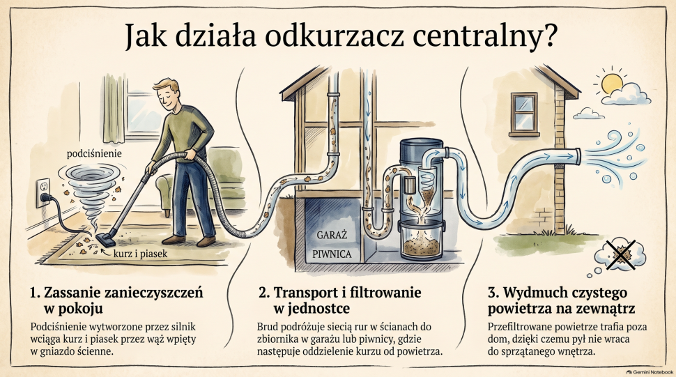 Infografika: Jak działa odkurzacz centralny