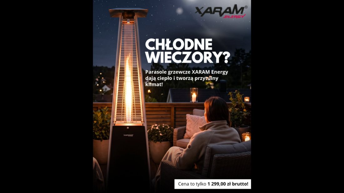 Chłodne wieczory na tarasie? Ten designerski parasol grzewczy rozwiązuje problem i tworzy niesamowity klimat